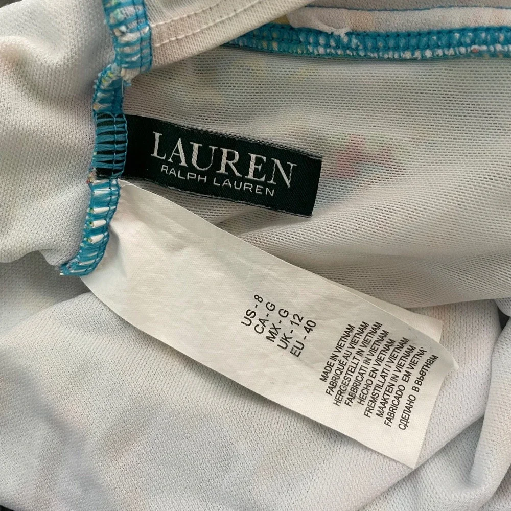 Lauren Ralph Lauren One Piece Swimsuit Women 8 Blue Paisley Floral Ruched V-Neck